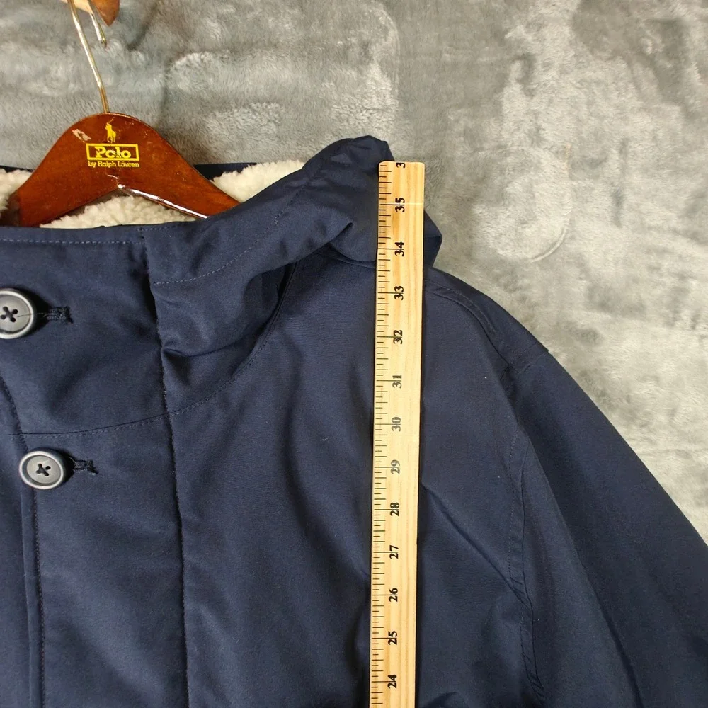 J Crew Heavy Parka Jacket Mens Large Navy Blue Sherpa Lined Hood Hooded AF021